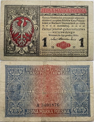 Banknot 1 marka polska 1917 r. stan 4 jenerał