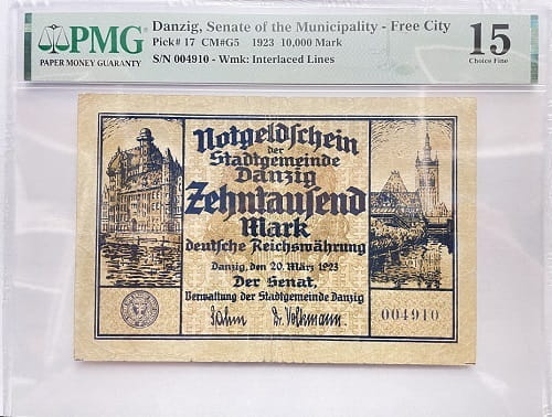 Banknot 10000 marek 1923 r. PMG 15 Wolne Miasto Gdańsk