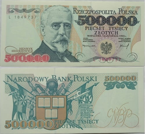 Banknot 500000 zł 1993 Henryk Sienkiewicz stan 1